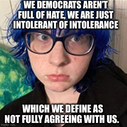 WE DEMOCRATS AREN’T FULL OF HATE, WE ARE JUST INTOLERANT OF INTOLERANCE WHICH WE DEFINE AS NOT FULLY AGREEING WITH US. | made w/ Imgflip meme maker