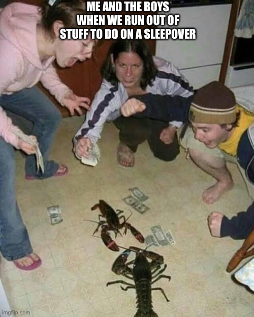 Gambling scorpion | ME AND THE BOYS WHEN WE RUN OUT OF STUFF TO DO ON A SLEEPOVER | image tagged in gambling scorpion | made w/ Imgflip meme maker
