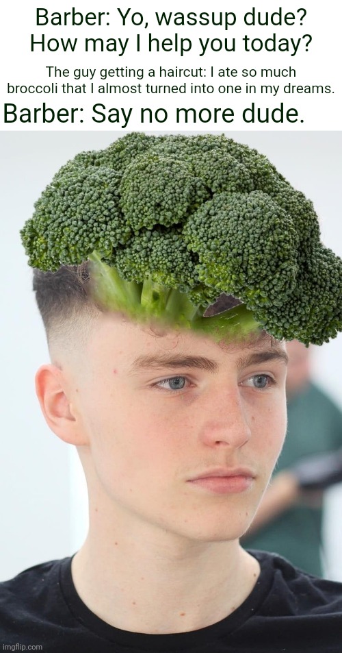 The broccoli hairstyle | Barber: Yo, wassup dude? How may I help you today? The guy getting a haircut: I ate so much broccoli that I almost turned into one in my dreams. Barber: Say no more dude. | image tagged in blank white template,funny,memes,broccoli,hairstyle,unsee juice | made w/ Imgflip meme maker