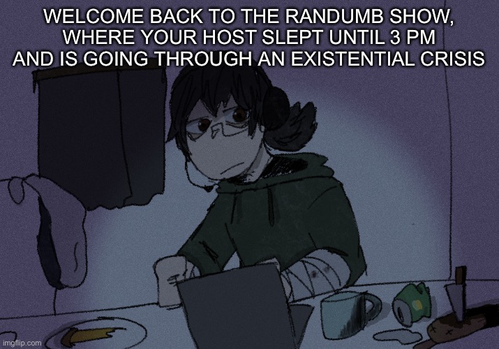 most sane ramston citizen | WELCOME BACK TO THE RANDUMB SHOW, WHERE YOUR HOST SLEPT UNTIL 3 PM AND IS GOING THROUGH AN EXISTENTIAL CRISIS | image tagged in randumb radio channel | made w/ Imgflip meme maker