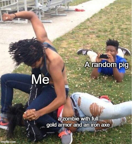 Guess you can actually tell it, fellow survivors. | A random pig; Me; a zombie with full gold armor and an iron axe | image tagged in guy recording a fight | made w/ Imgflip meme maker