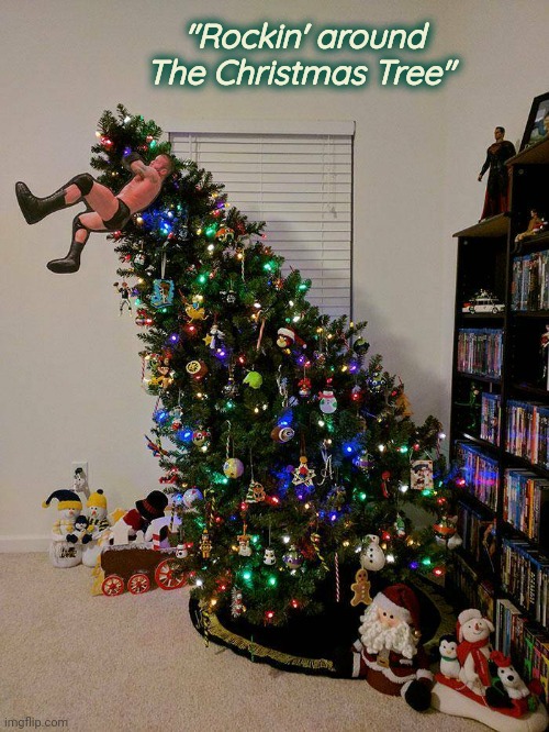 Christmas at Dwayne's house | "Rockin' around
    The Christmas Tree" | image tagged in the rock,classic rock,smell,pine,merry christmas,happy tree friends | made w/ Imgflip meme maker