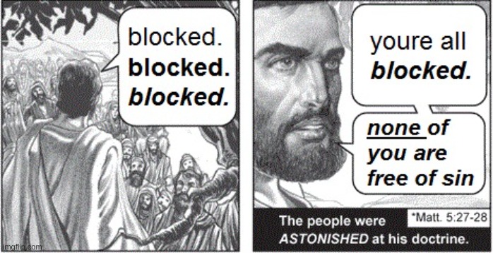 blocked. none of you are free of sin | image tagged in blocked none of you are free of sin | made w/ Imgflip meme maker