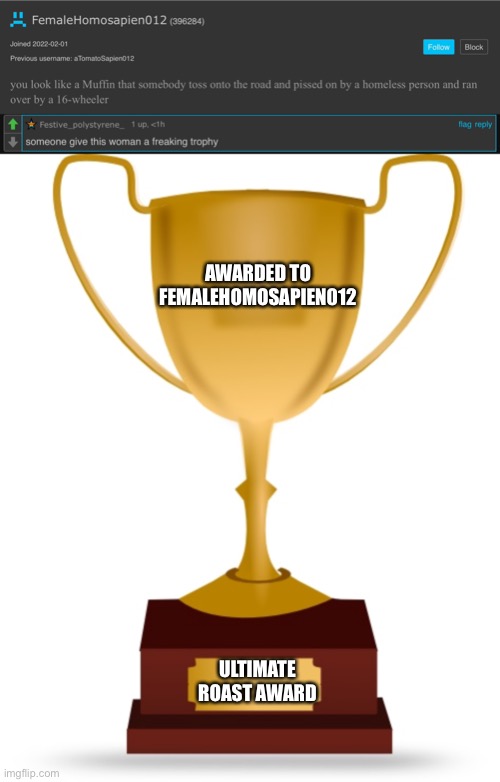 AWARDED TO FEMALEHOMOSAPIEN012 ULTIMATE ROAST AWARD | image tagged in blank trophy | made w/ Imgflip meme maker