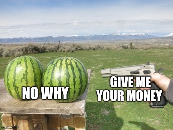 Watermelons are refusing to give the gun their money | NO WHY; GIVE ME YOUR MONEY | image tagged in watermelons vs gun | made w/ Imgflip meme maker