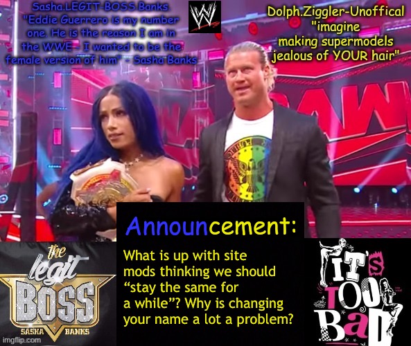 Dolph Ziggler + Sasha Banks DUO announcement temp | What is up with site mods thinking we should “stay the same for a while”? Why is changing your name a lot a problem? | image tagged in dolph ziggler sasha banks duo announcement temp | made w/ Imgflip meme maker