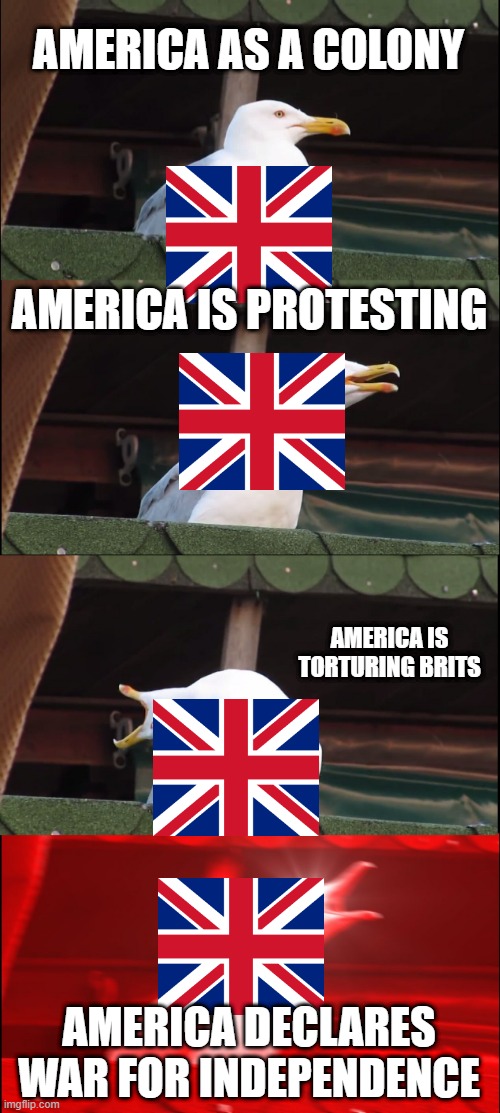 Inhaling Seagull Meme | AMERICA AS A COLONY; AMERICA IS PROTESTING; AMERICA IS TORTURING BRITS; AMERICA DECLARES WAR FOR INDEPENDENCE | image tagged in memes,inhaling seagull | made w/ Imgflip meme maker