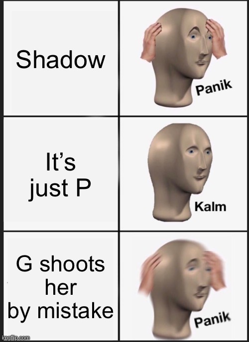 Panik Kalm Panik | Shadow; It’s just P; G shoots her by mistake | image tagged in memes,panik kalm panik | made w/ Imgflip meme maker