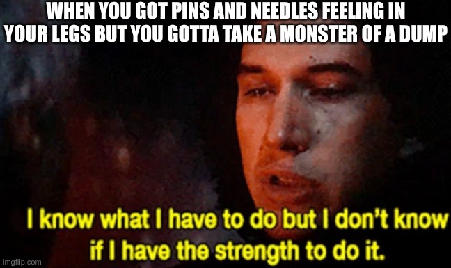 I know what I have to do but I don’t know if I have the strength | WHEN YOU GOT PINS AND NEEDLES FEELING IN YOUR LEGS BUT YOU GOTTA TAKE A MONSTER OF A DUMP | image tagged in i know what i have to do but i don t know if i have the strength | made w/ Imgflip meme maker