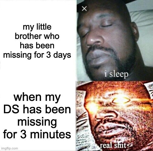 Sleeping Shaq | my little brother who has been missing for 3 days; when my DS has been missing for 3 minutes | image tagged in memes,sleeping shaq | made w/ Imgflip meme maker