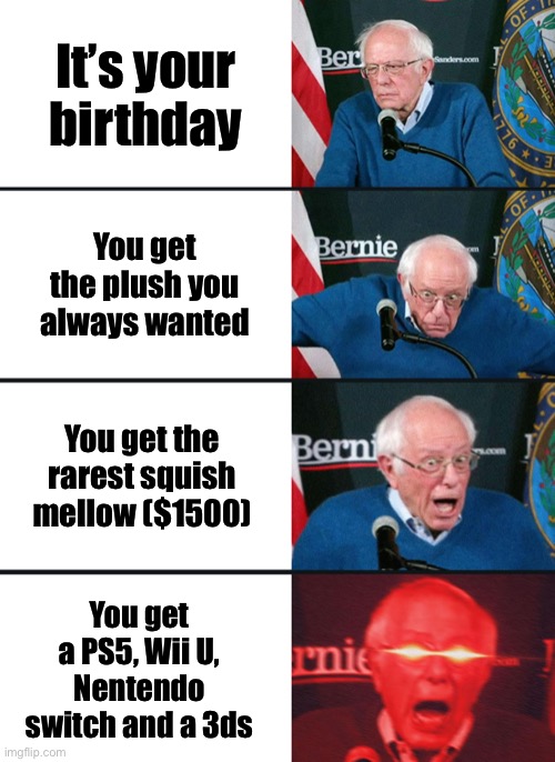 POV: You got these for your Bday | It’s your birthday; You get the plush you always wanted; You get the rarest squish mellow ($1500); You get a PS5, Wii U, Nentendo switch and a 3ds | image tagged in bernie sanders reaction nuked | made w/ Imgflip meme maker