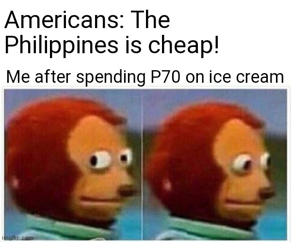 Monkey Puppet | Americans: The Philippines is cheap! Me after spending P70 on ice cream | image tagged in memes,monkey puppet | made w/ Imgflip meme maker