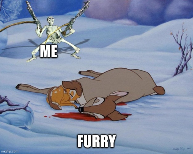 skeleton with guns and bambi | ME; FURRY | image tagged in skeleton with guns and bambi | made w/ Imgflip meme maker