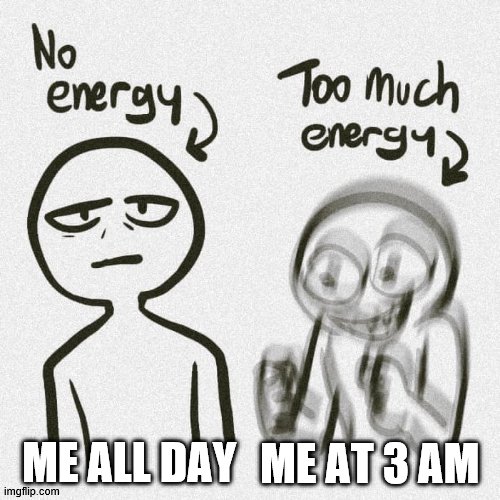 No energy Too much energy | ME ALL DAY ME AT 3 AM | image tagged in no energy too much energy | made w/ Imgflip meme maker