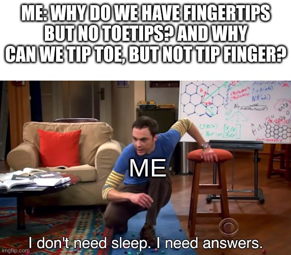 I Don't Need Sleep. I Need Answers | ME: WHY DO WE HAVE FINGERTIPS BUT NO TOETIPS? AND WHY CAN WE TIP TOE, BUT NOT TIP FINGER? ME | image tagged in i don't need sleep i need answers | made w/ Imgflip meme maker
