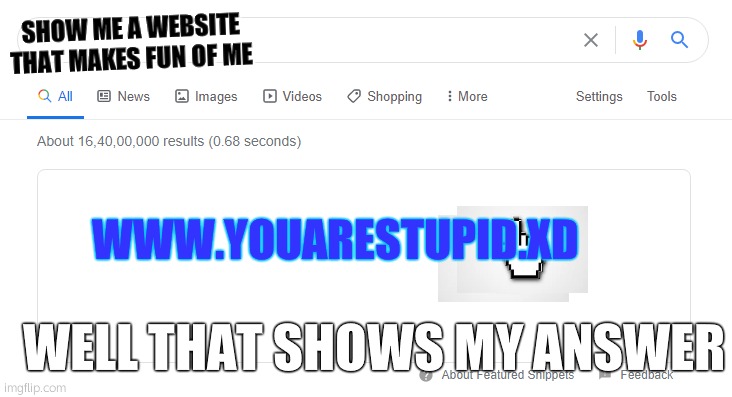 blank google/bing search | SHOW ME A WEBSITE THAT MAKES FUN OF ME; WWW.YOUARESTUPID.XD; WELL THAT SHOWS MY ANSWER | image tagged in blank google/bing search | made w/ Imgflip meme maker