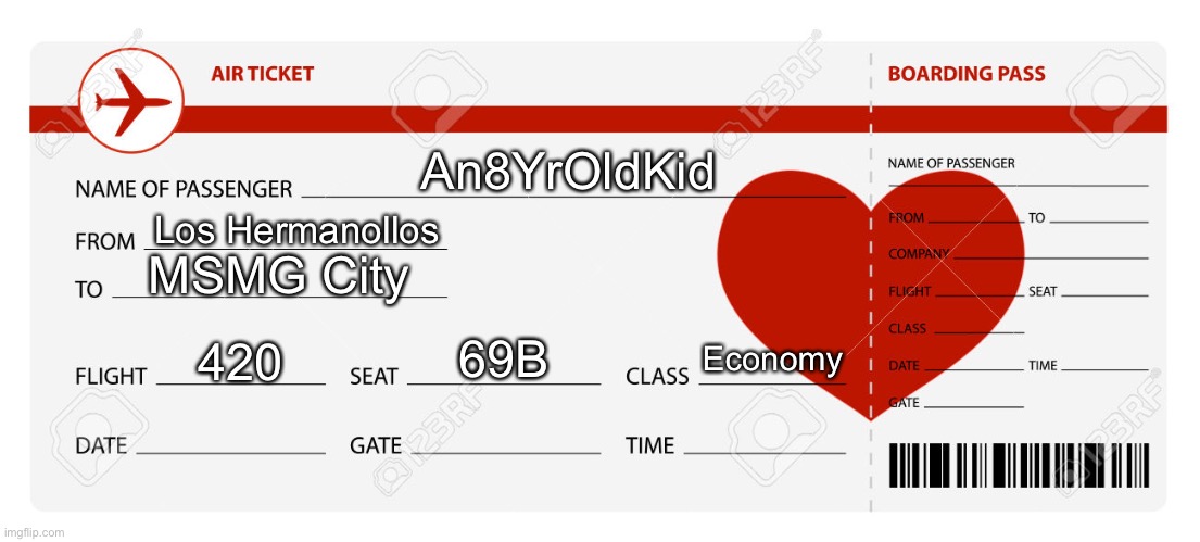 Blank Plane Ticket | An8YrOldKid Los Hermanollos MSMG City 420 69B Economy | image tagged in blank plane ticket | made w/ Imgflip meme maker