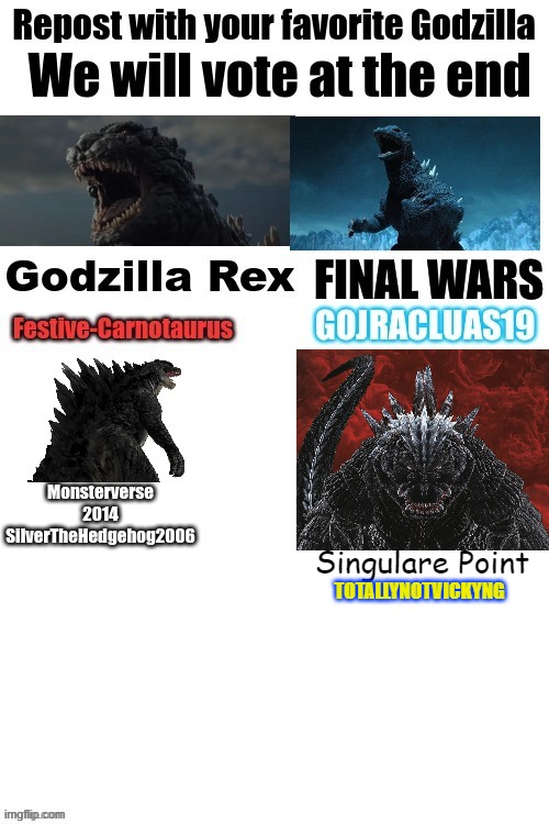 who is the best godzilla | TOTALLYNOTVICKYNG; Singulare Point | image tagged in godzilla,repost | made w/ Imgflip meme maker
