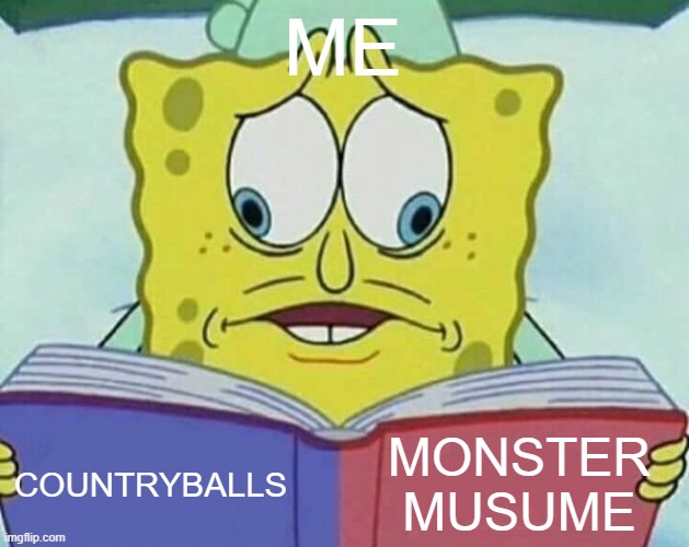 cross eyed spongebob | ME; MONSTER MUSUME; COUNTRYBALLS | image tagged in cross eyed spongebob,memes | made w/ Imgflip meme maker