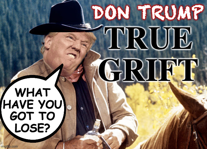 His head ain't on straight. | DON TRUMP; TRUE
GRIFT; WHAT
HAVE YOU
GOT TO
LOSE? | image tagged in memes,trump traitor cards,true grift | made w/ Imgflip meme maker