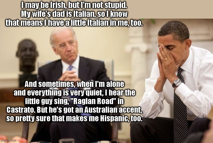 Biden insults the Irish, the Italians and more |  I may be Irish, but I'm not stupid. My wife's dad is Italian, so I know that means I have a little Italian in me, too. And sometimes, when I'm alone and everything is very quiet, I hear the little guy sing, "Raglan Road" in Castrato. But he's got an Australian accent, so pretty sure that makes me Hispanic, too. | image tagged in biden obama,joe biden,dementia,biden lies,racist,political humor | made w/ Imgflip meme maker