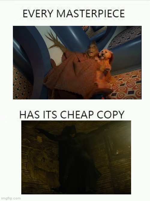 Every masterpiece has a cheap copy- The Grinch and Batman | image tagged in every masterpiece has its cheap copy larger | made w/ Imgflip meme maker