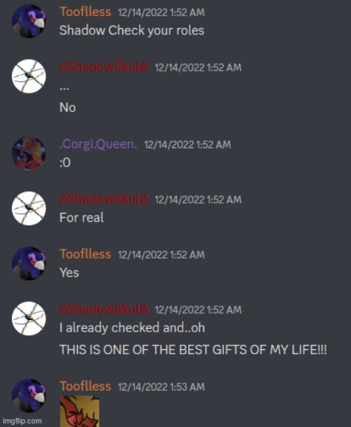 Context: For the Anivers, I gave Shadow Squad Member perms(which mean he squad member-) | made w/ Imgflip meme maker