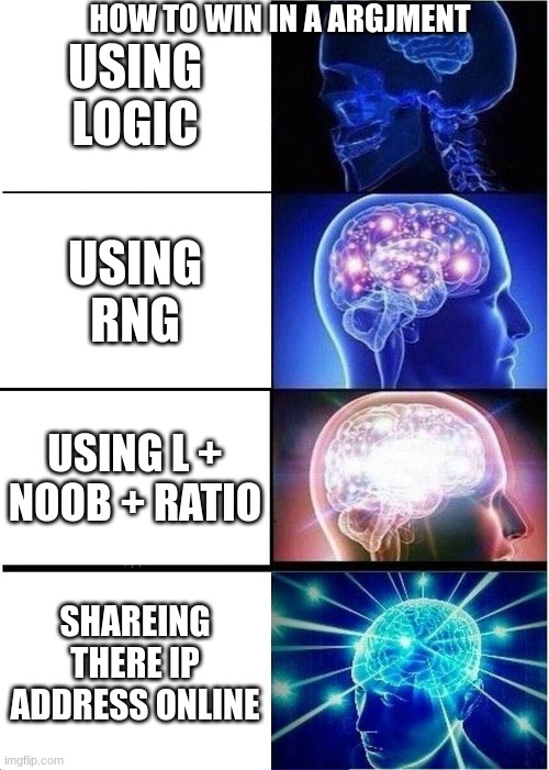Expanding Brain | HOW TO WIN IN A ARGJMENT; USING LOGIC; USING
RNG; USING L + NOOB + RATIO; SHAREING THERE IP ADDRESS ONLINE | image tagged in memes,expanding brain | made w/ Imgflip meme maker