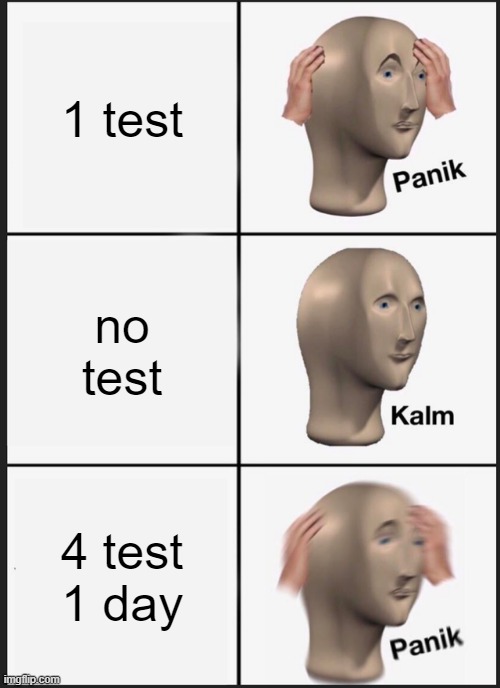 Test. | 1 test; no test; 4 test 1 day | image tagged in memes,panik kalm panik | made w/ Imgflip meme maker