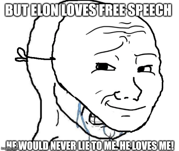 Wojak mask | BUT ELON LOVES FREE SPEECH HE WOULD NEVER LIE TO ME. HE LOVES ME! | image tagged in wojak mask | made w/ Imgflip meme maker