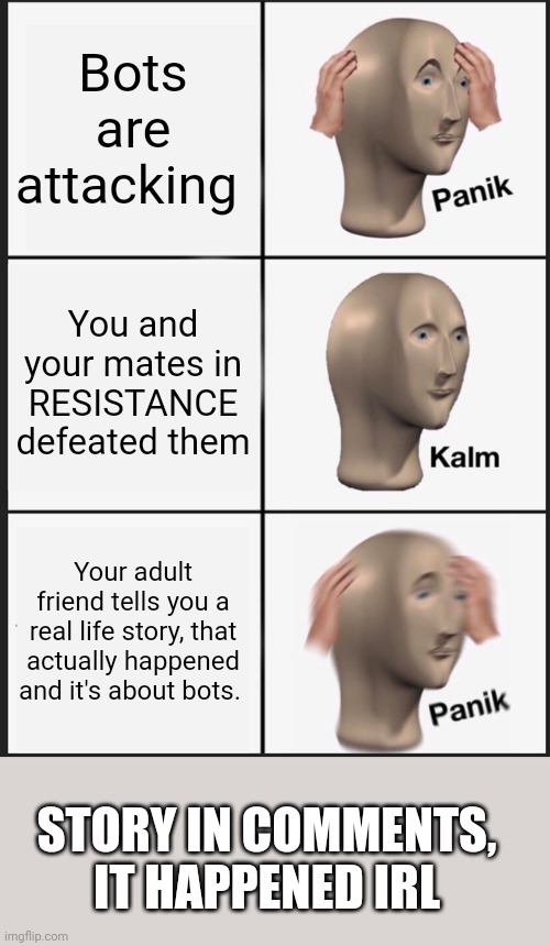Important. | Bots are attacking; You and your mates in RESISTANCE defeated them; Your adult friend tells you a real life story, that actually happened and it's about bots. STORY IN COMMENTS, IT HAPPENED IRL | image tagged in memes,panik kalm panik | made w/ Imgflip meme maker