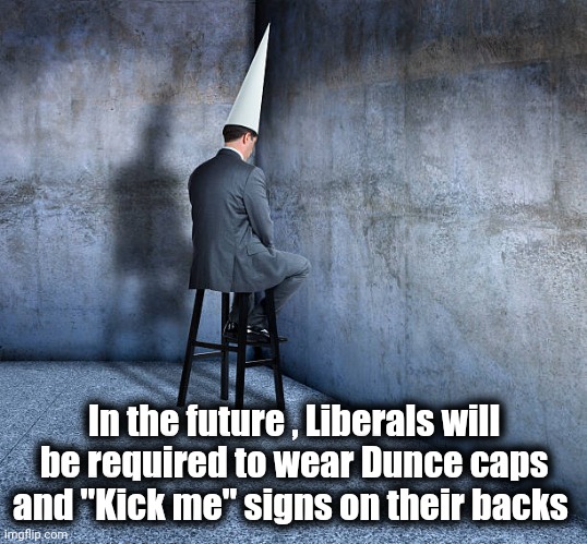 Dunce Cap Businessman | In the future , Liberals will be required to wear Dunce caps and "Kick me" signs on their backs | image tagged in dunce cap businessman | made w/ Imgflip meme maker