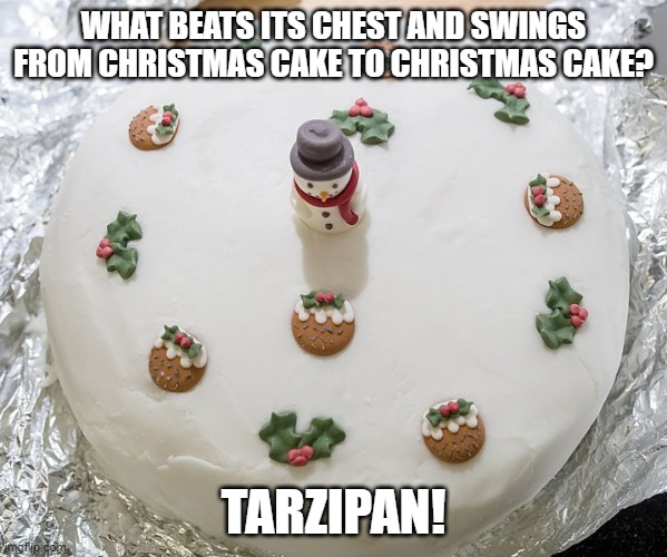 Christmas cake | WHAT BEATS ITS CHEST AND SWINGS FROM CHRISTMAS CAKE TO CHRISTMAS CAKE? TARZIPAN! | image tagged in cake | made w/ Imgflip meme maker