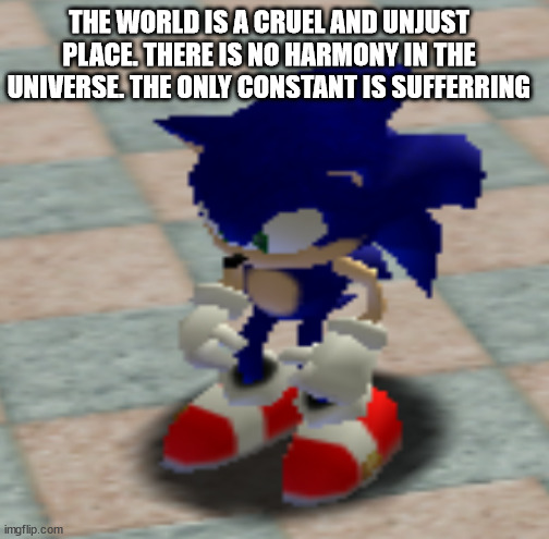 Sonic in pain | THE WORLD IS A CRUEL AND UNJUST PLACE. THERE IS NO HARMONY IN THE UNIVERSE. THE ONLY CONSTANT IS SUFFERRING | image tagged in sonic the hedgehog,funny | made w/ Imgflip meme maker
