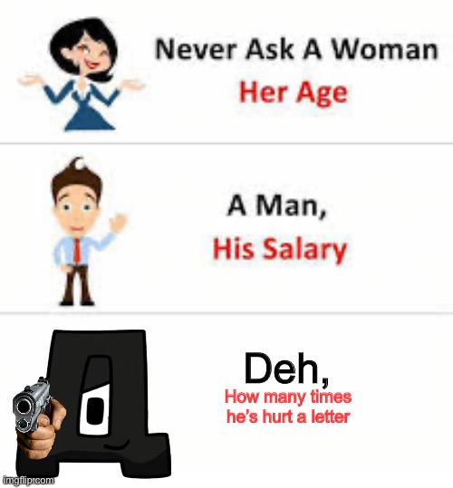 Deh meme | Deh, How many times he’s hurt a letter | image tagged in never ask a woman her age | made w/ Imgflip meme maker