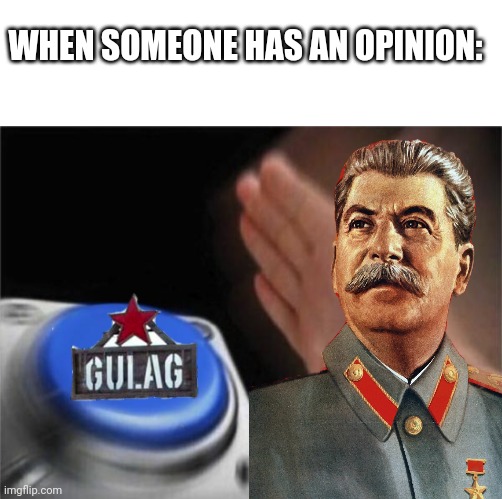 anyone have an opinion? Gulag is ready |  WHEN SOMEONE HAS AN OPINION: | image tagged in joseph stalin,stalin,gulag,button,russia,opinion | made w/ Imgflip meme maker