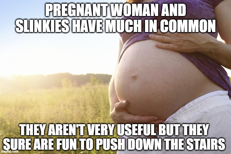 Pregnant Fun | PREGNANT WOMAN AND SLINKIES HAVE MUCH IN COMMON; THEY AREN'T VERY USEFUL BUT THEY SURE ARE FUN TO PUSH DOWN THE STAIRS | image tagged in pregnant woman | made w/ Imgflip meme maker