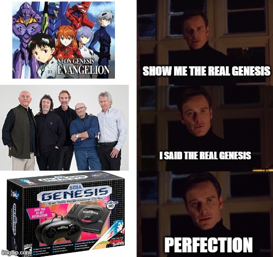 The real Genesis | SHOW ME THE REAL GENESIS; I SAID THE REAL GENESIS; PERFECTION | image tagged in perfection,neon genesis evangelion,genesis,sega | made w/ Imgflip meme maker