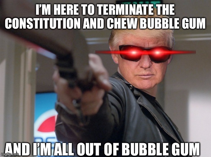 The Trumpinator | I’M HERE TO TERMINATE THE CONSTITUTION AND CHEW BUBBLE GUM; AND I’M ALL OUT OF BUBBLE GUM | image tagged in the trumpinator | made w/ Imgflip meme maker
