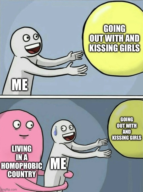 I'm bi but all the boys are obsessed with Andrew Tate, massive turnoff | GOING OUT WITH AND KISSING GIRLS; ME; GOING OUT WITH AND KISSING GIRLS; LIVING IN A HOMOPHOBIC COUNTRY; ME | image tagged in memes,running away balloon | made w/ Imgflip meme maker
