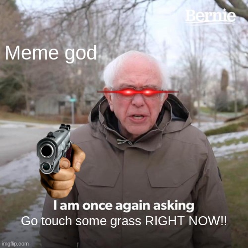 Bernie I Am Once Again Asking For Your Support Meme | Meme god; Go touch some grass RIGHT NOW!! | image tagged in memes,bernie i am once again asking for your support | made w/ Imgflip meme maker
