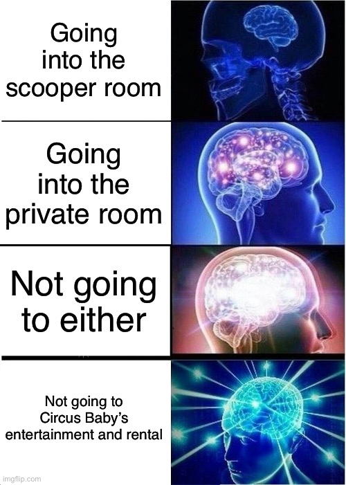 I’ve posted this in the fnaf stream once | Going into the scooper room; Going into the private room; Not going to either; Not going to Circus Baby’s entertainment and rental | image tagged in memes,expanding brain | made w/ Imgflip meme maker