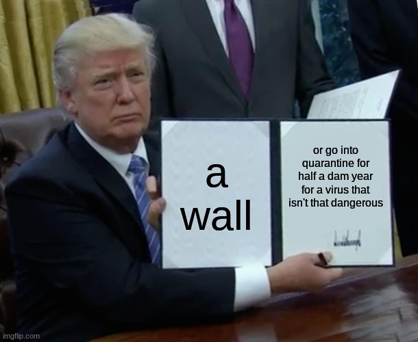 Trump Bill Signing | a wall; or go into quarantine for half a dam year for a virus that isn't that dangerous | image tagged in memes,trump bill signing | made w/ Imgflip meme maker