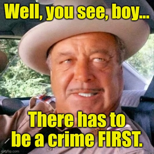 Sheriff Buford T. Justice You Sum Bitch | Well, you see, boy... There has to be a crime FIRST. | image tagged in sheriff buford t justice you sum bitch | made w/ Imgflip meme maker