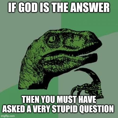 Philosoraptor Meme | IF GOD IS THE ANSWER; THEN YOU MUST HAVE ASKED A VERY STUPID QUESTION | image tagged in memes,philosoraptor | made w/ Imgflip meme maker