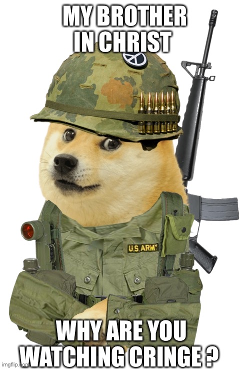 Vietnam war doge | MY BROTHER IN CHRIST; WHY ARE YOU WATCHING CRINGE ? | image tagged in vietnam war doge,us army,loads lmg with religious intent | made w/ Imgflip meme maker