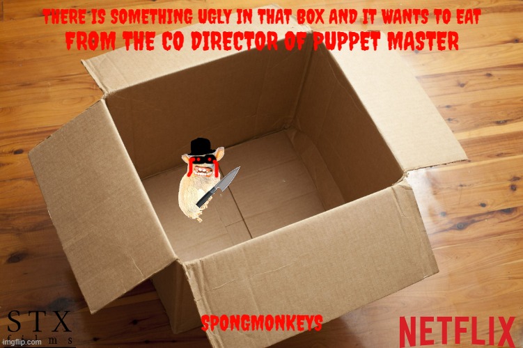 if this became a thing | THERE IS SOMETHING UGLY IN THAT BOX AND IT WANTS TO EAT; FROM THE CO DIRECTOR OF PUPPET MASTER; SPONGMONKEYS | image tagged in empty box,netflix,horror movie,fake,spongmonkeys,comedy | made w/ Imgflip meme maker