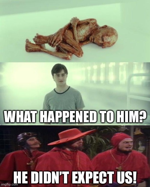 Dead Baby Voldemort / What Happened To Him |  WHAT HAPPENED TO HIM? HE DIDN’T EXPECT US! | image tagged in dead baby voldemort / what happened to him,memes,funny,nobody expects the spanish inquisition monty python | made w/ Imgflip meme maker
