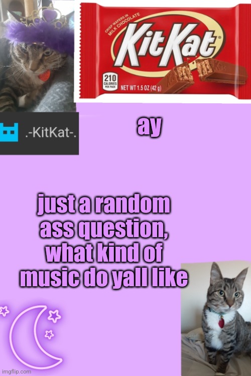 Kittys announcement template kitkat addition | ay; just а random ass question, what kind of music do yall like | image tagged in kittys announcement template kitkat addition | made w/ Imgflip meme maker