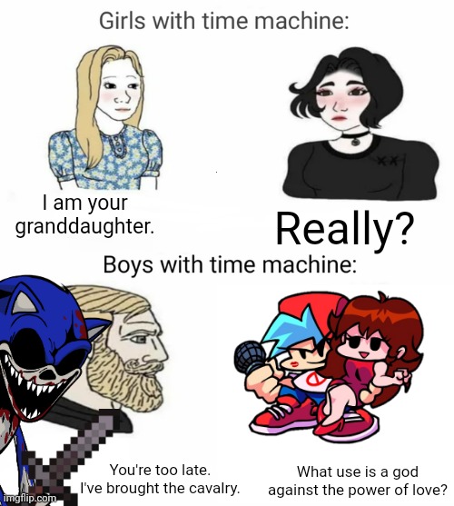You're too slow. | I am your granddaughter. Really? You're too late. I've brought the cavalry. What use is a god against the power of love? | image tagged in time machine | made w/ Imgflip meme maker